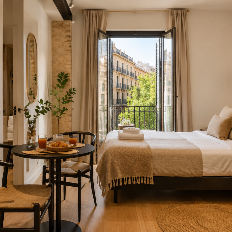 Proyectos turísticos · BN Real Estate Alojamiento con dormitorio luminoso, zona de desayuno y balcón