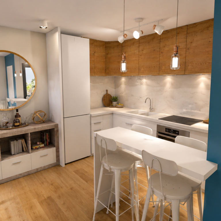 Reforma e interiorismo · BN Cocina reformada con isla blanca, madera y zona de comedor